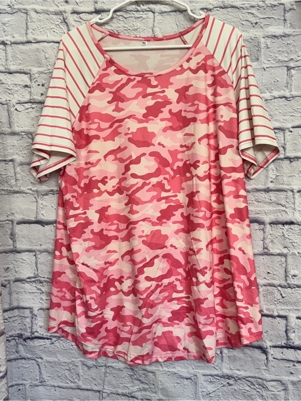Pink Camo Raglan Tee with Striped Sleeves